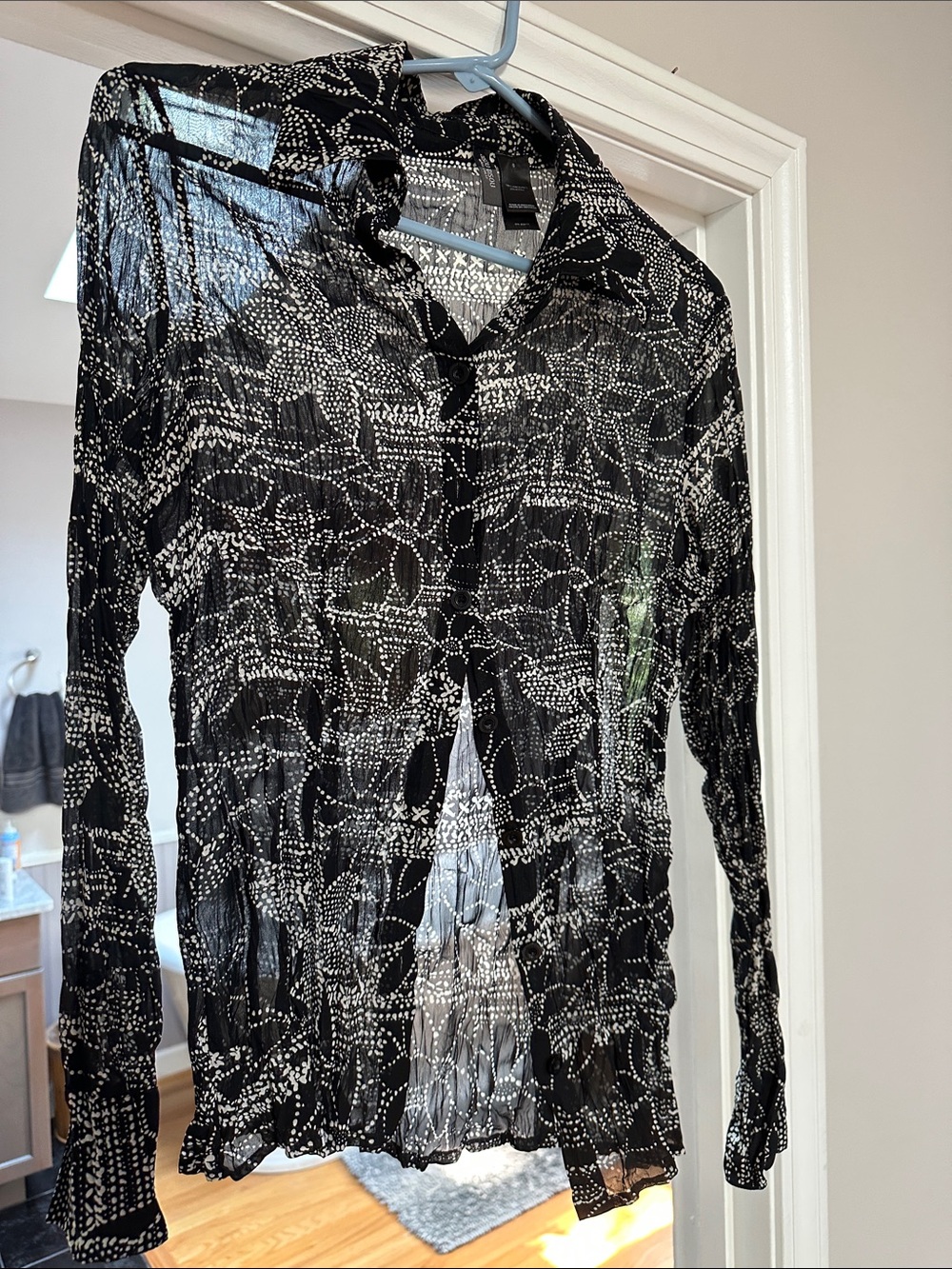 Bisou Bisou Black & White Dot Floral Sheer Button-Up Blouse